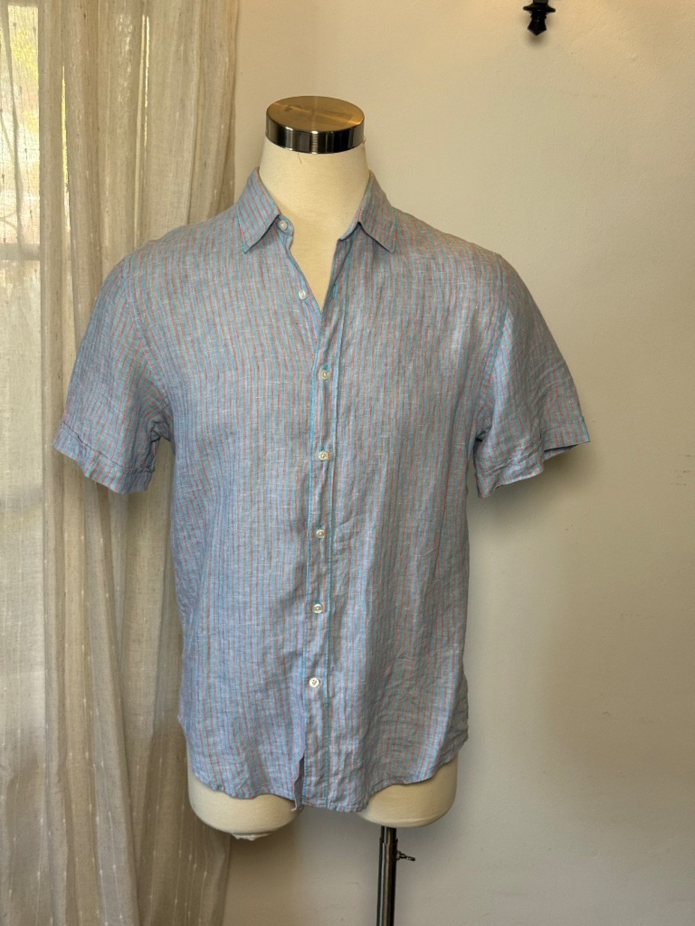 Perry Ellis 100% Linen Striped Short Sleeve Shirt Men's M Blue Coral Summer